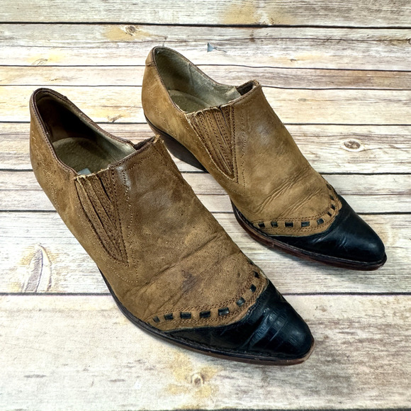 Vintage Guess Womens Brown Black Leather 90s Slip On Ankle Booties 7.5 Western - Picture 1 of 12